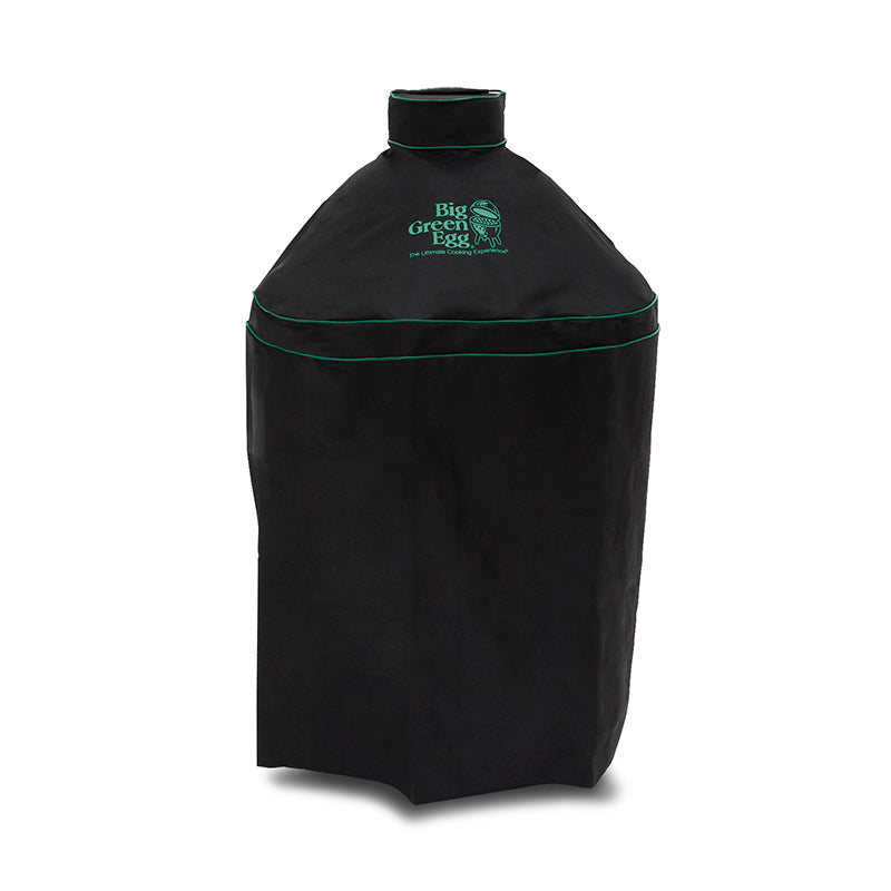 Big Green Egg Medium Egg Cover. Black with green piping and embroidery on white background.