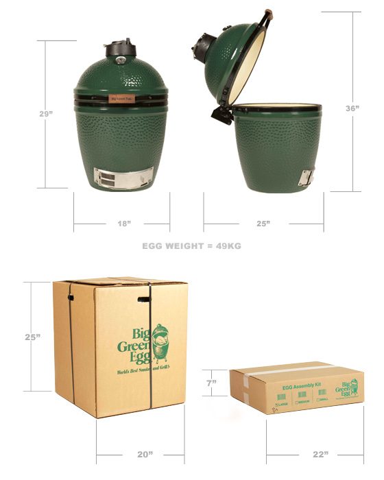 Big Green Egg Medium product front and side image with dimensions on  white background. Also includes box carton dimensions.