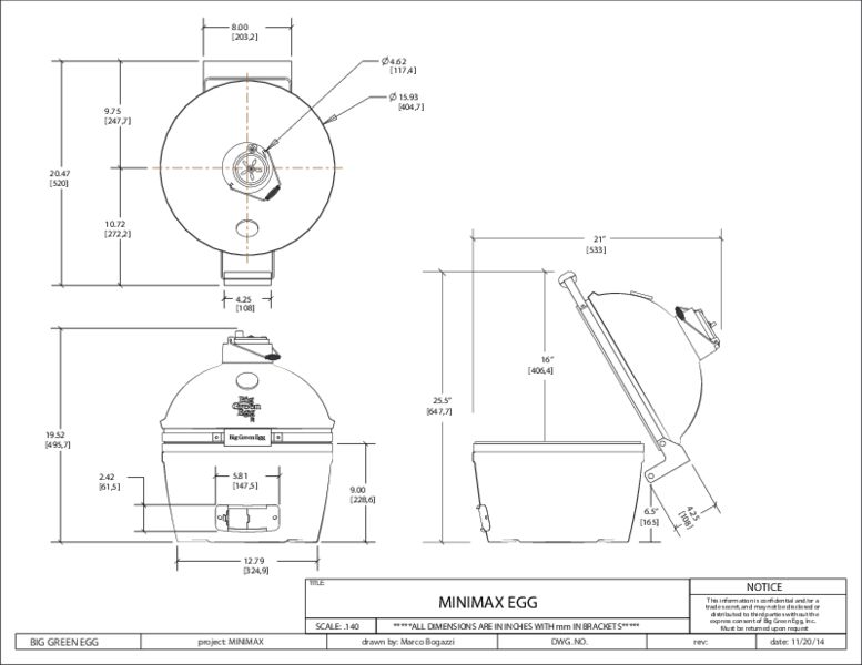 Big Green Egg Minimax product line drawing with dimensions on white background